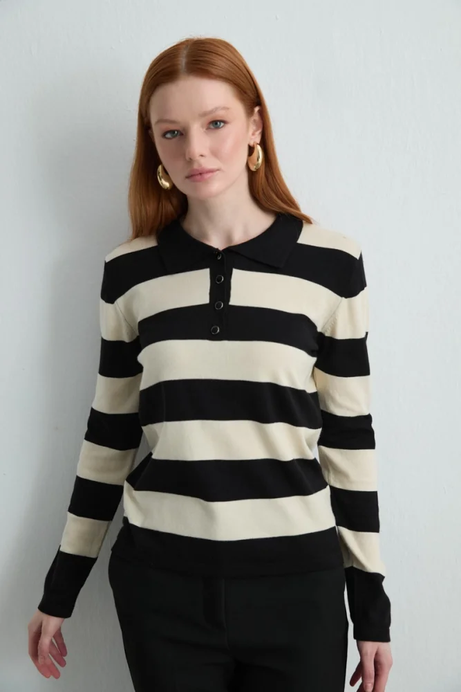 Polo Neck Striped Knit Blouse Black Black