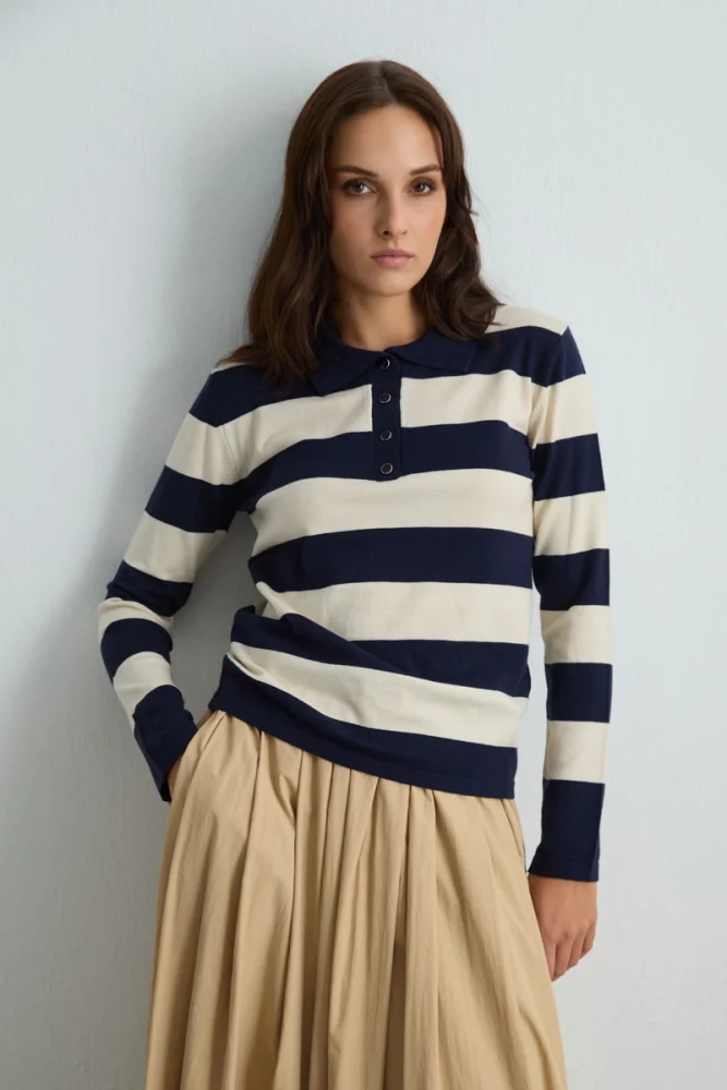 Polo Neck Striped Knit Blouse Navy Blue