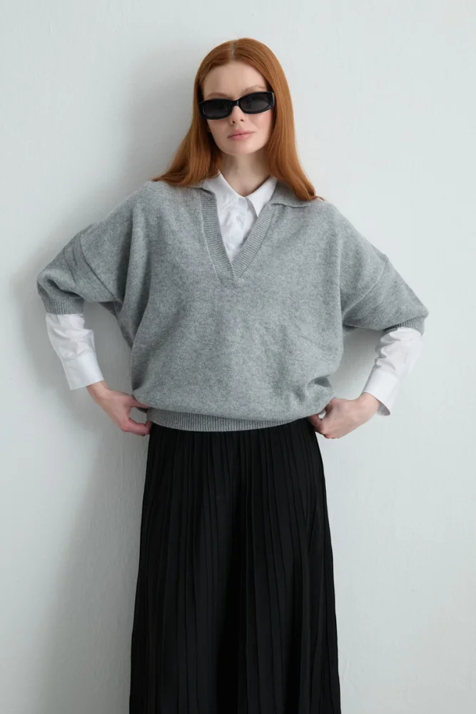 Polo Neck Wool Knit Gray Gray