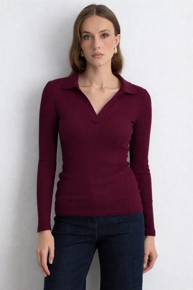 Polo Necked Cotton Knit Blouse Plum