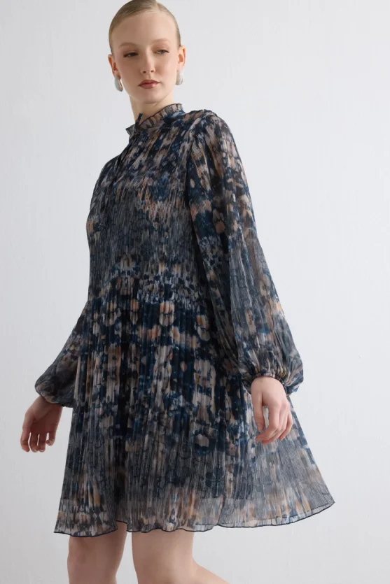 Relaxed Fit Patterned Pleated Dress Navy - 3