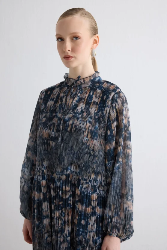 Relaxed Fit Patterned Pleated Dress Navy - 4