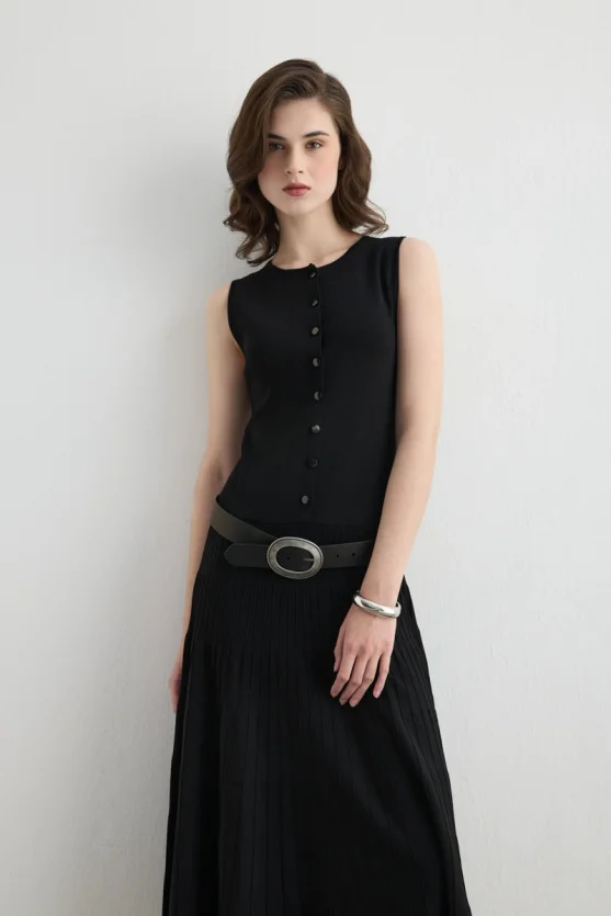Round Neck Knit Pleated Dress Black - 2
