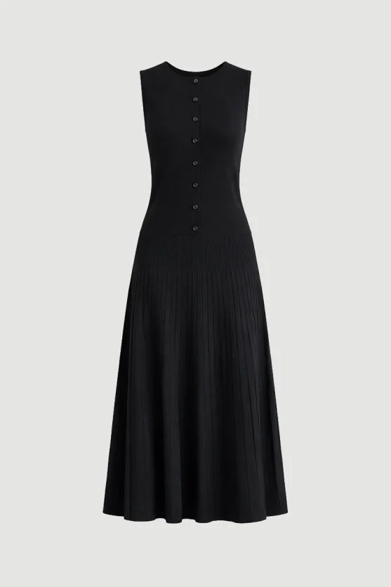 Round Neck Knit Pleated Dress Black - 5