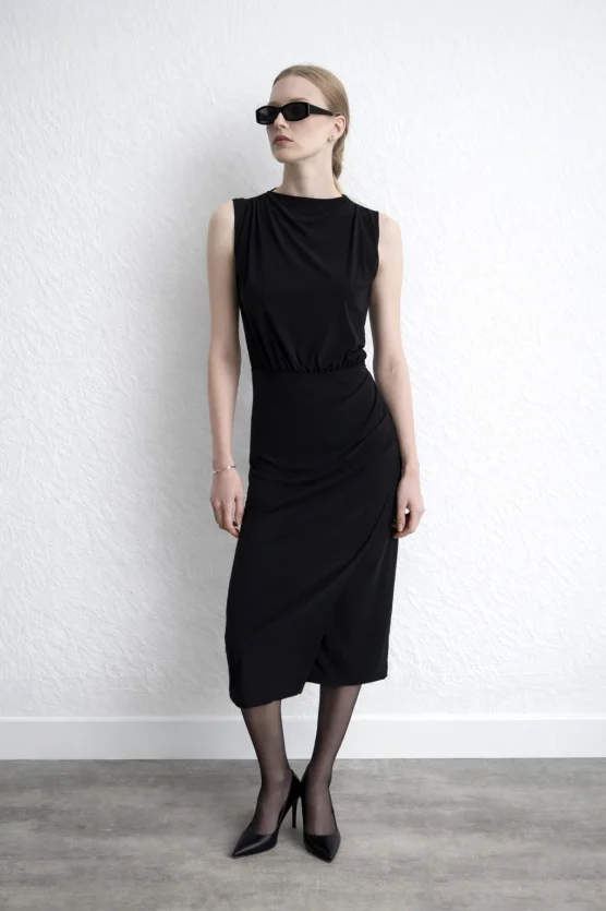 Ruched Jersey Midi Dress Black - 3