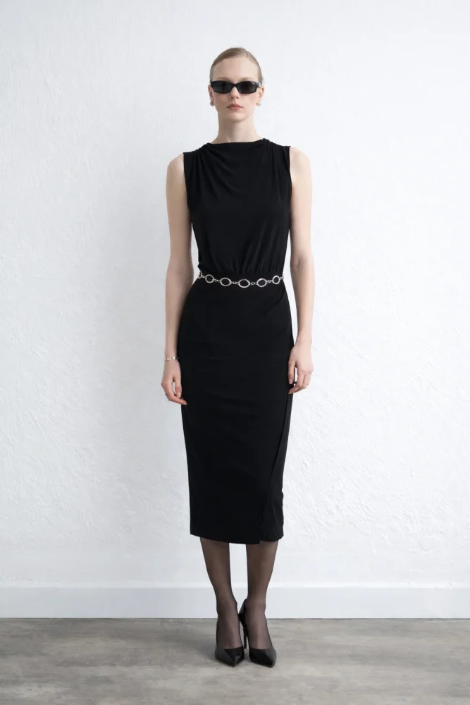 Ruched Jersey Midi Dress Black Black