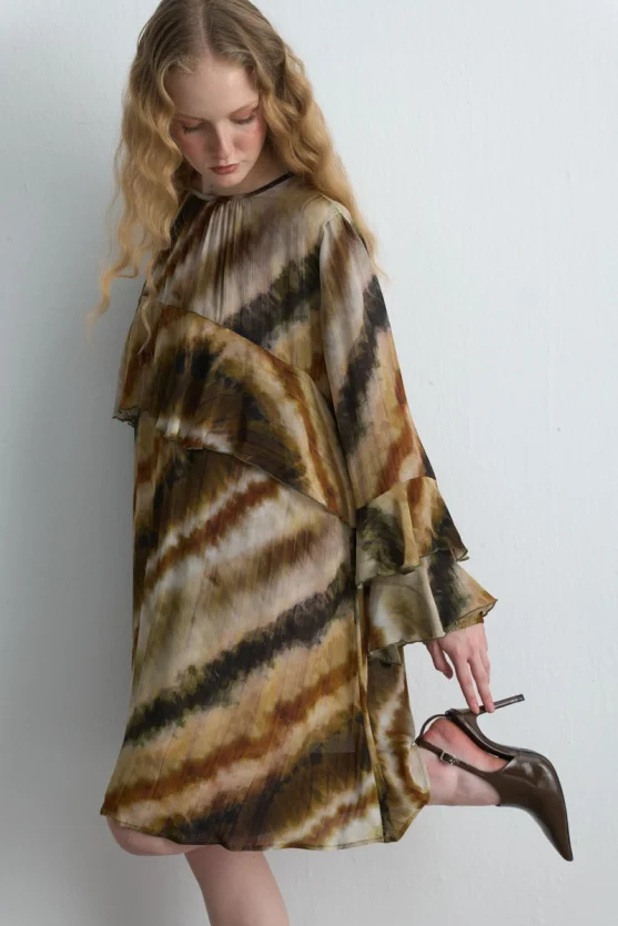 Ruffled Relaxed Fit Short Dress Beige - 4