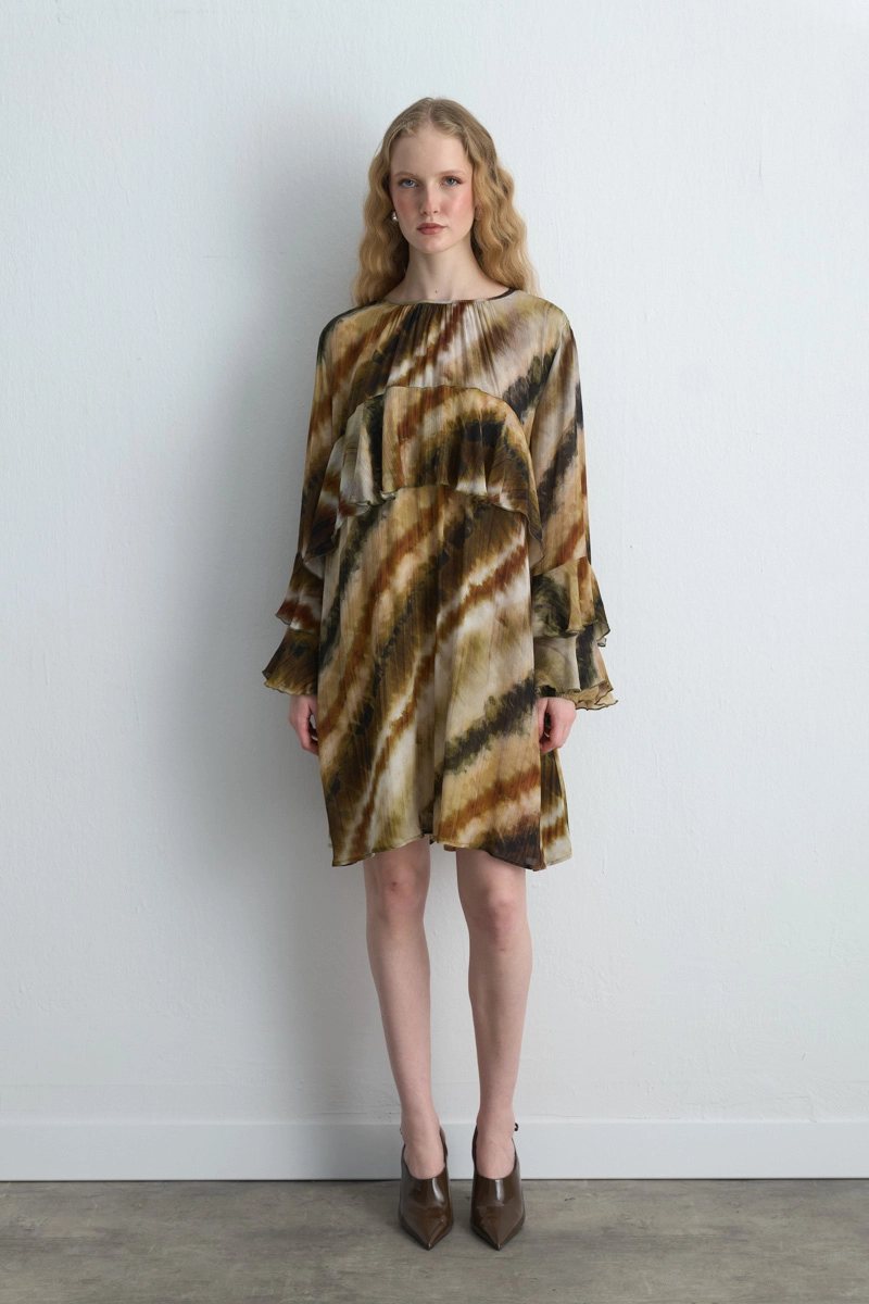 Ruffled Relaxed Fit Short Dress Beige Beige