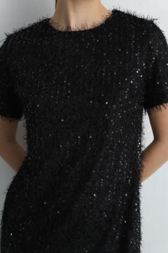 Sequin Jersey Half Sleeve Dress Black - 4