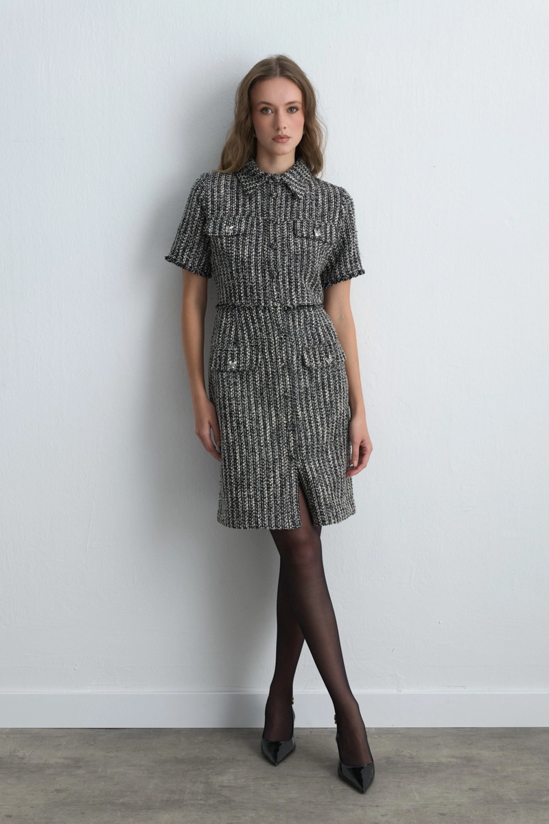 Short Sleeve Fitted Tweed Dress Black - 1