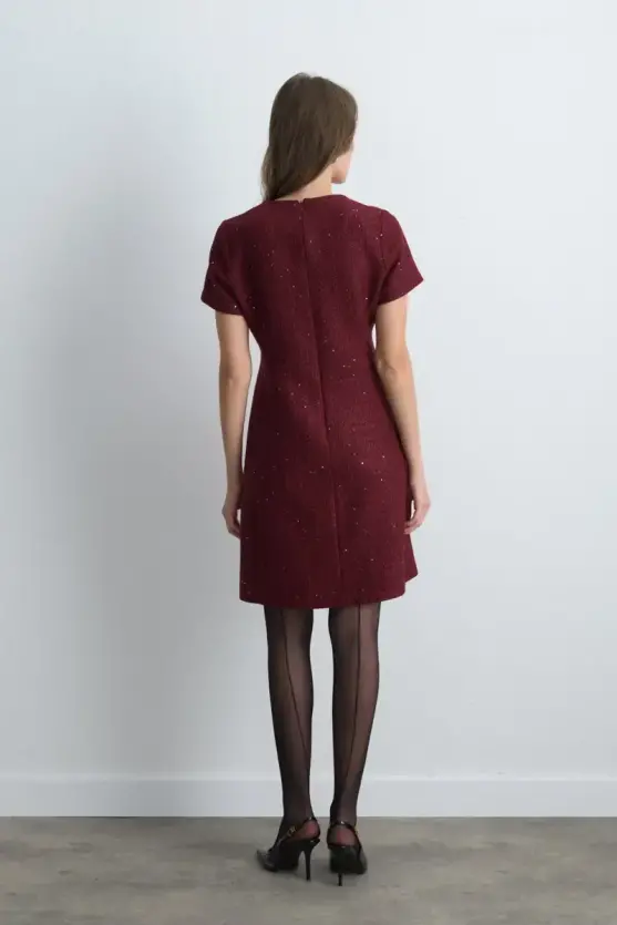 Short Sleeve Tweed Dress Burgundy - 4