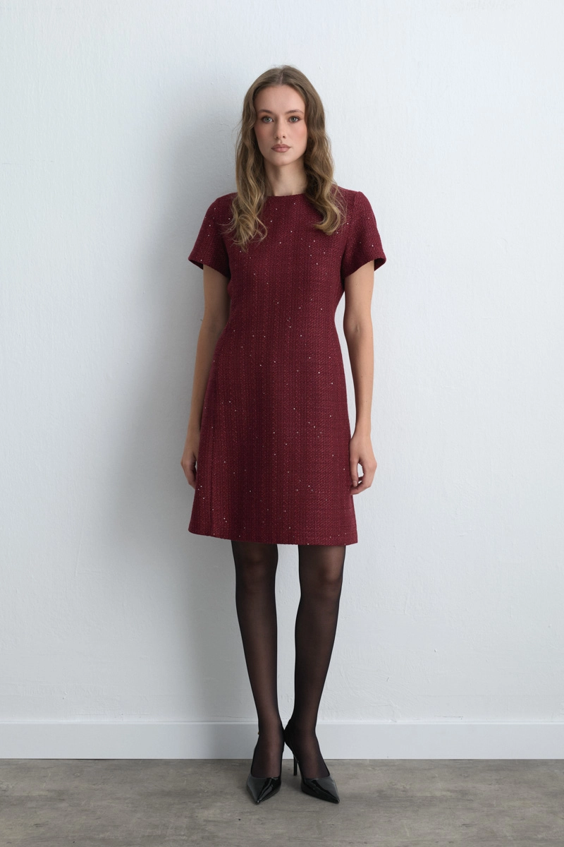 Short Sleeve Tweed Dress Burgundy Burgundy