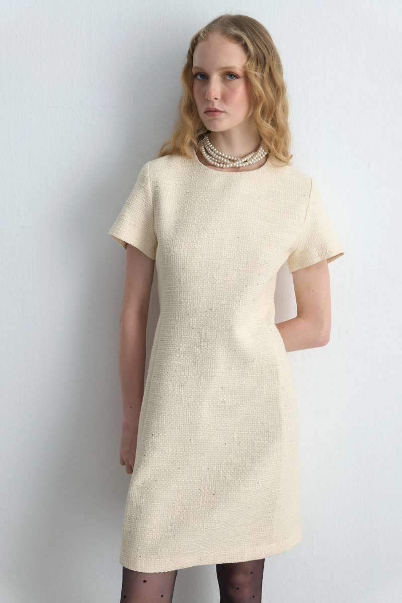 Short Sleeve Tweed Dress Ecru