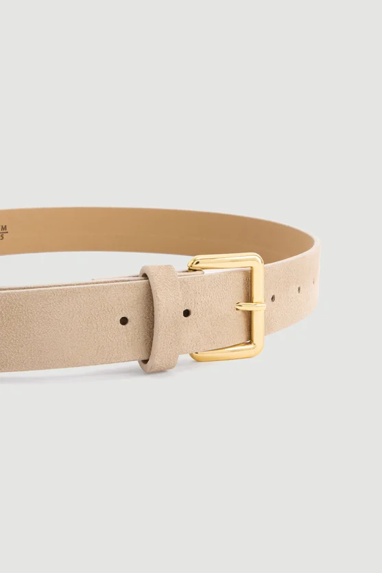 Square Buckle Faux Suede Belt Beige - 2