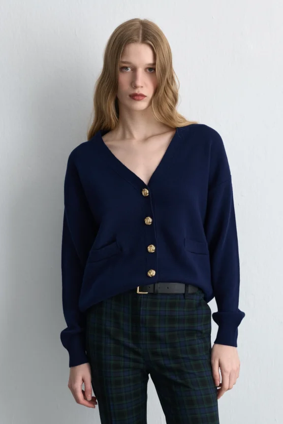 V Neck Knit Wool Cardigan Navy Blue - 3