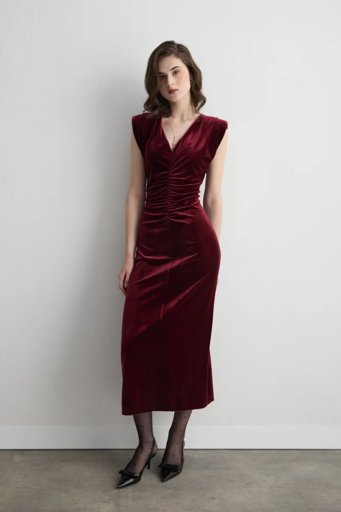 V Neck Long Velvet Evening Dress Burgundy