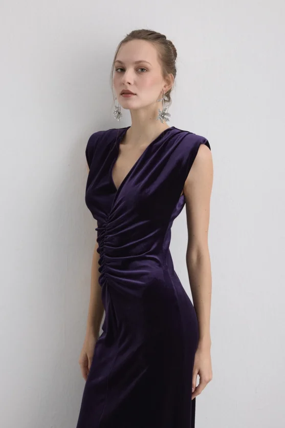 V Neck Long Velvet Evening Dress Mulberry - 2