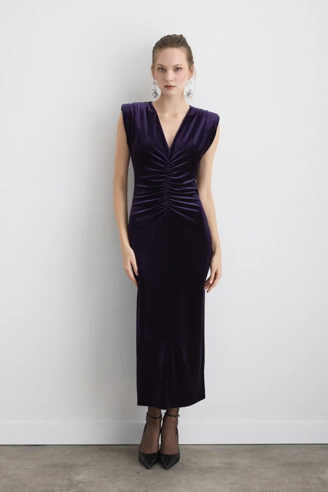 V Neck Long Velvet Evening Dress Mulberry Marroon