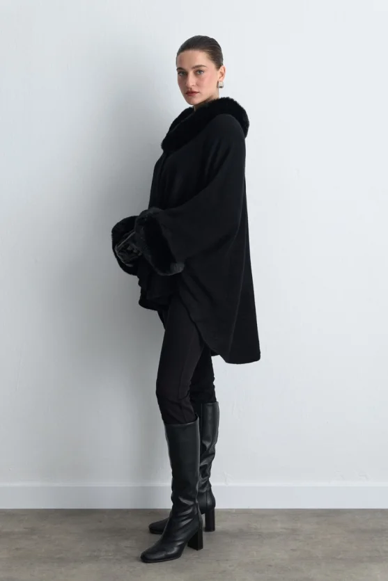 Wool Knit Cape with Faux Fur Detail Black - 5