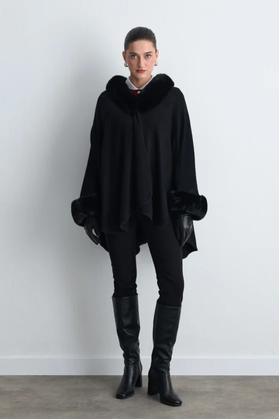 Wool Knit Cape with Faux Fur Detail Black - 3