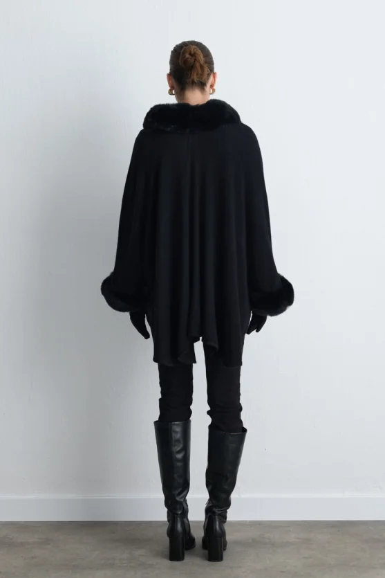 Wool Knit Cape with Faux Fur Detail Black - 6