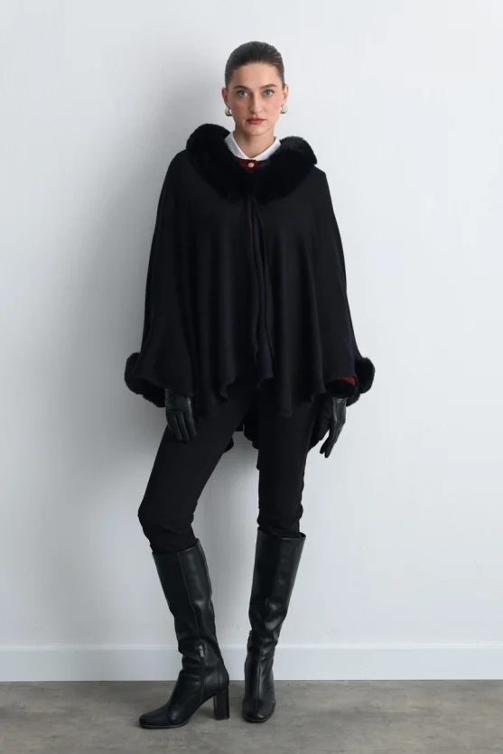 Wool Knit Cape with Faux Fur Detail Black - 1
