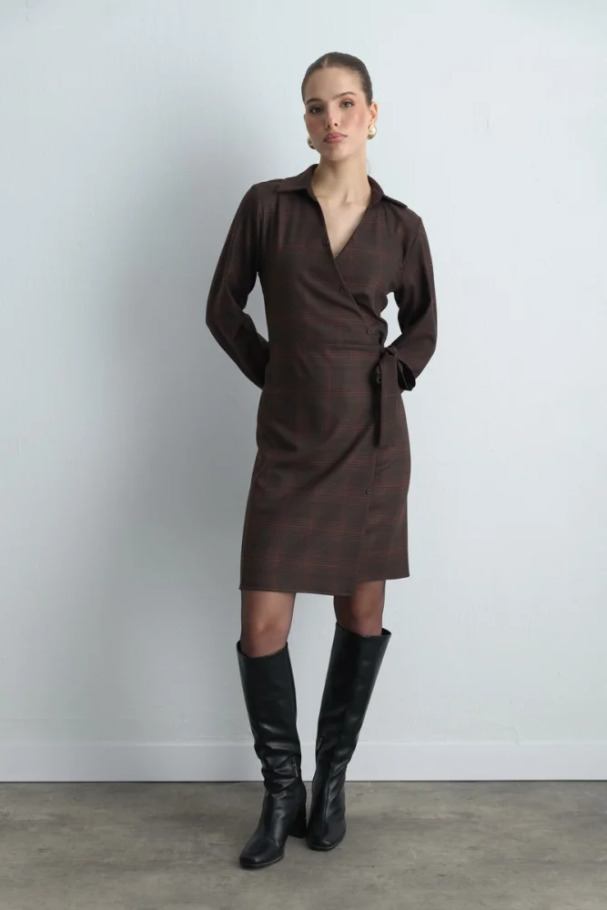 Wrap Plaid Fabric Dress Brown Brown