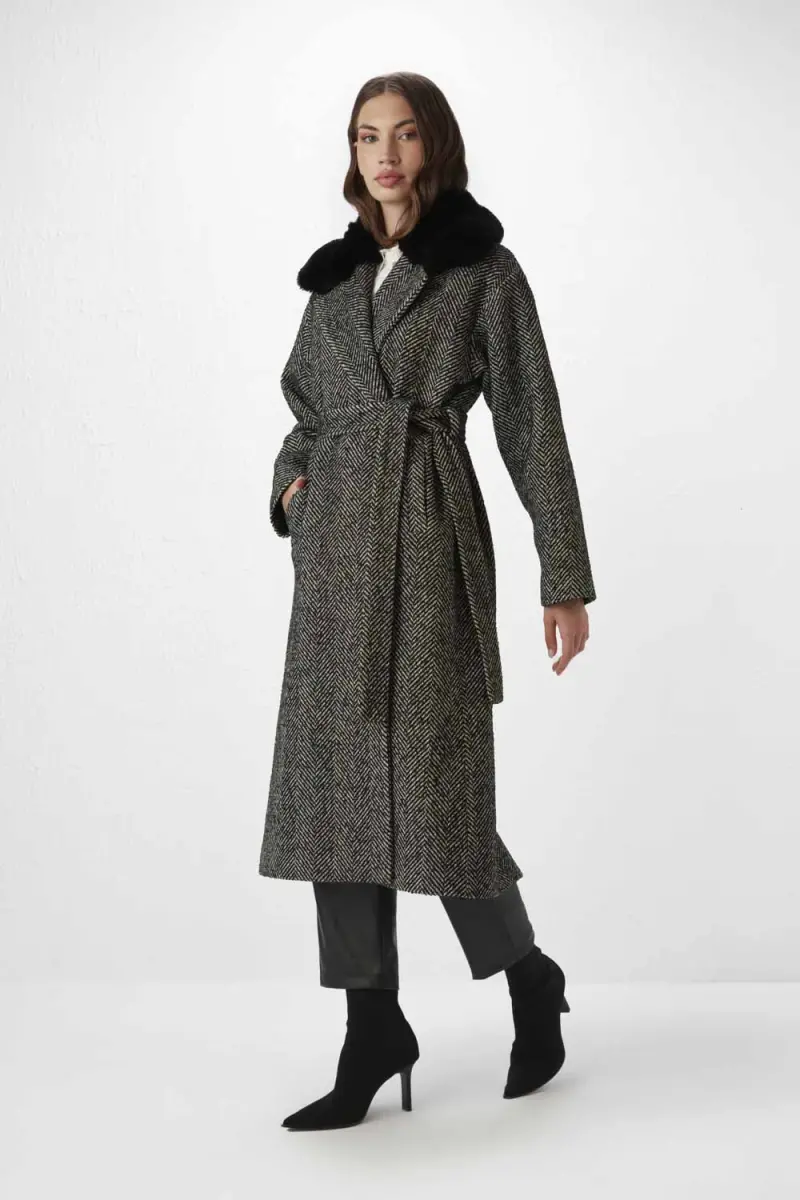 Herringbone Coat with Fur Collar - Gray Autumn-Winter | Gusto