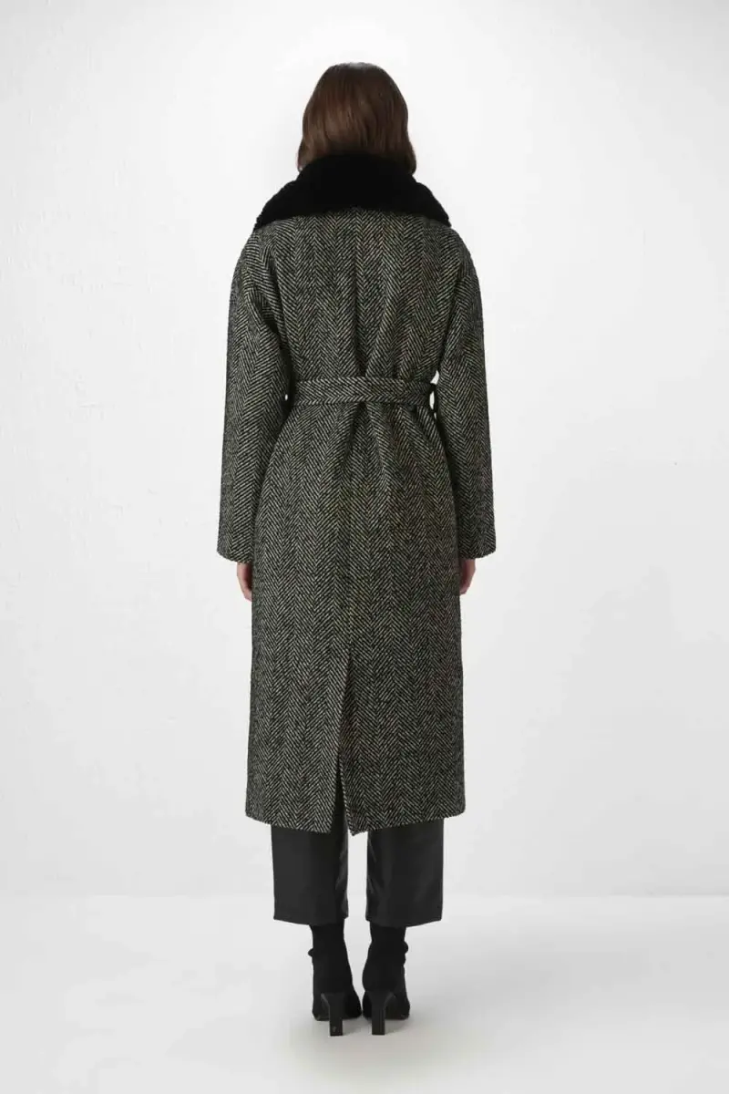 Herringbone Coat with Fur Collar - Gray Autumn-Winter | Gusto