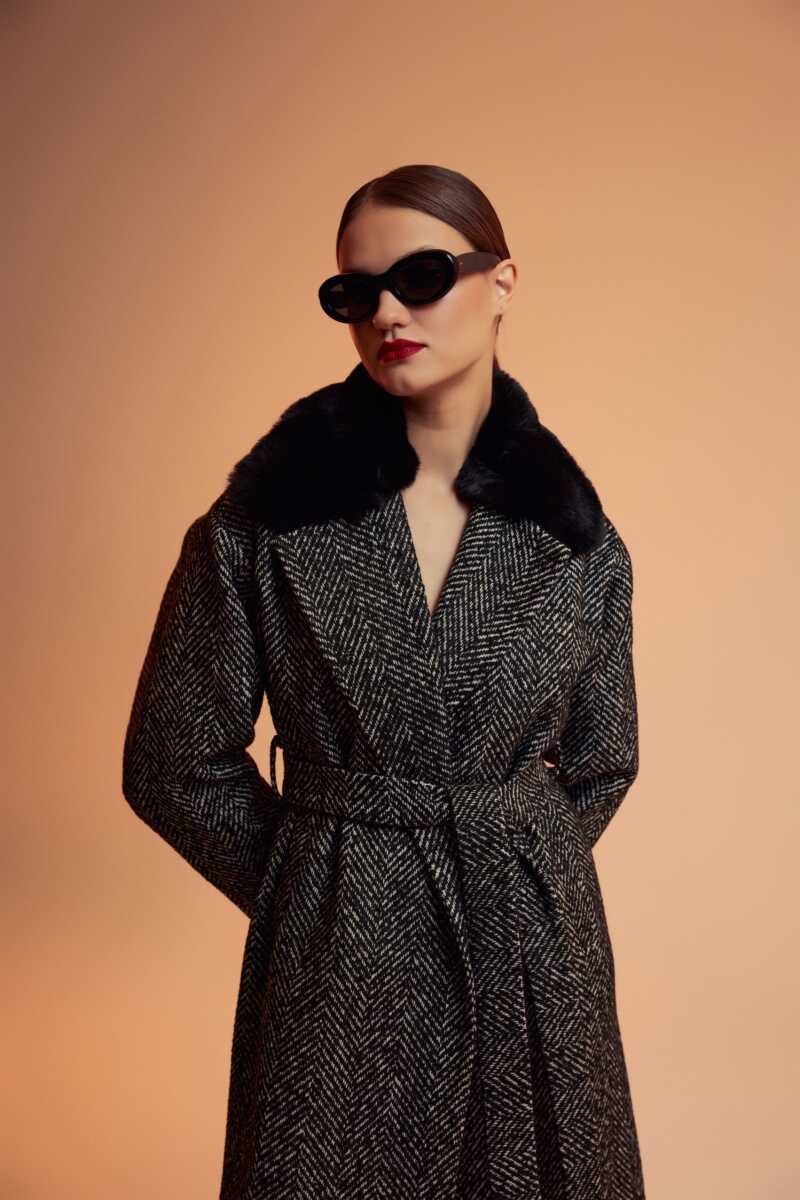 Herringbone Coat with Fur Collar - Gray Autumn-Winter | Gusto