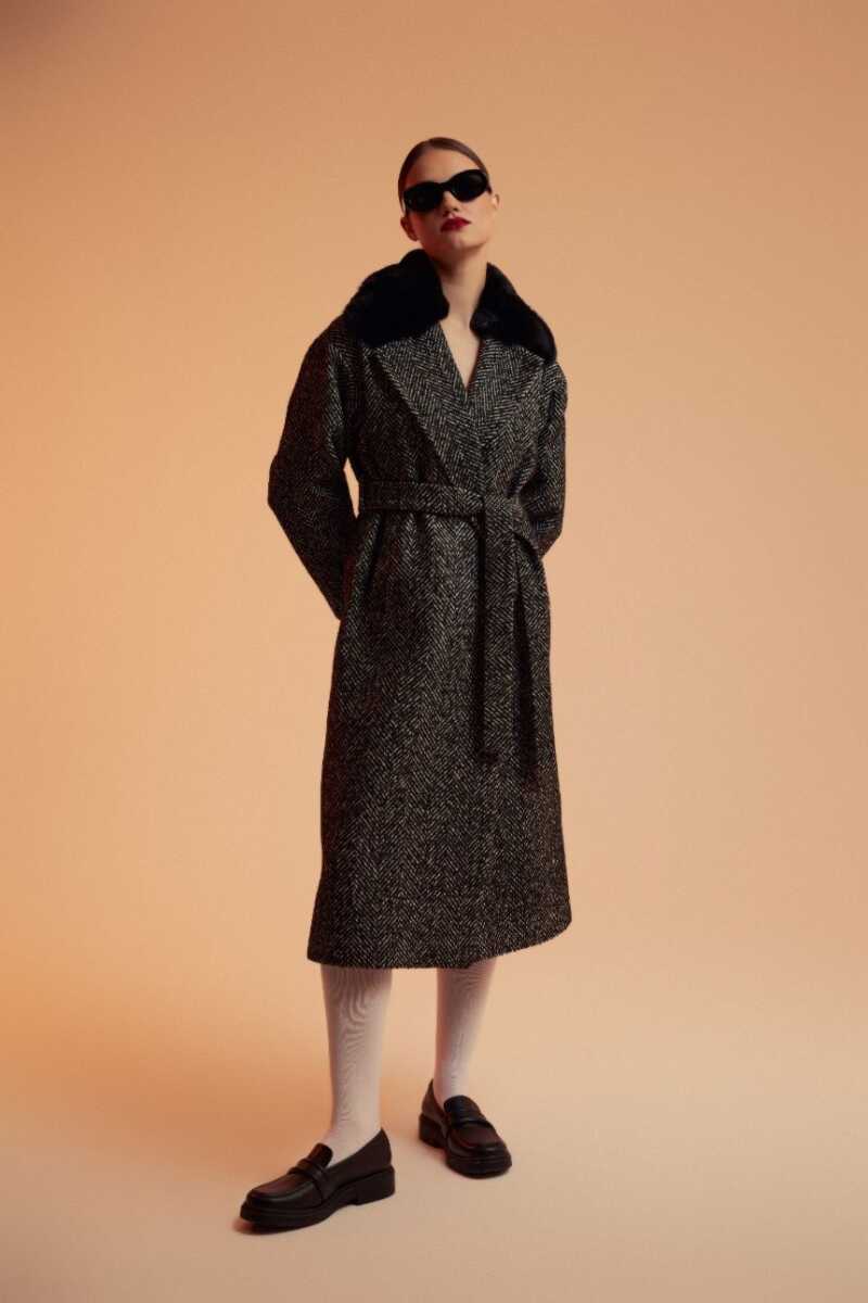 Herringbone Coat with Fur Collar - Gray Autumn-Winter | Gusto