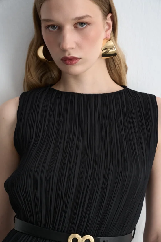 Kemerli Pilise Elbise - Siyah - 4