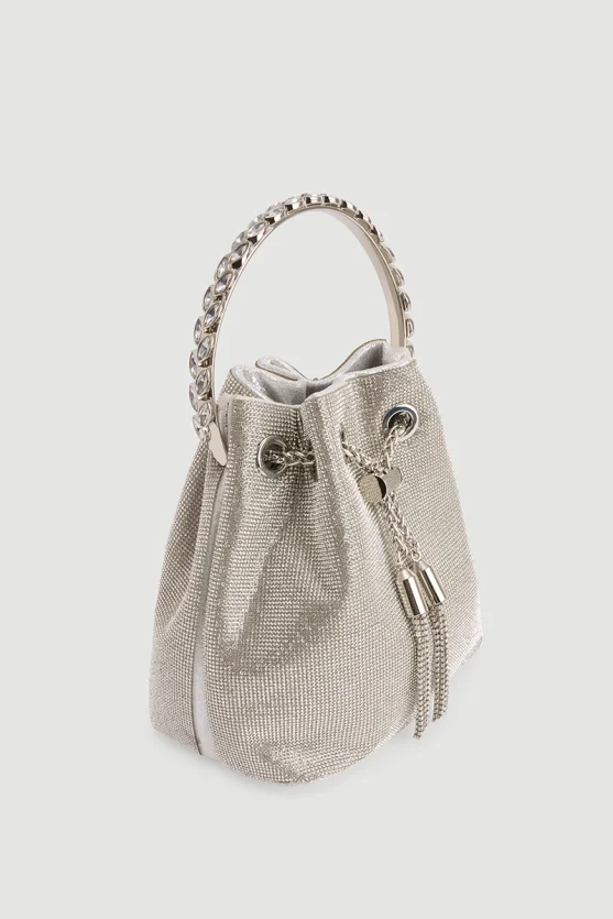 Metal Askılı Taş İşlemeli Abiye Çanta - Gümüş - 3