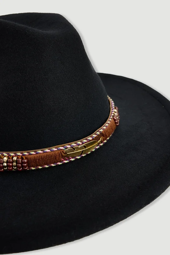 Suni Süet Aksesuarlı Fötr Şapka - Siyah - 3