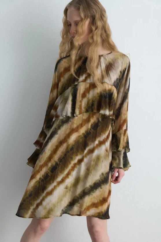 Volanlı Rahat Kesim Kısa Elbise - Bej - 2